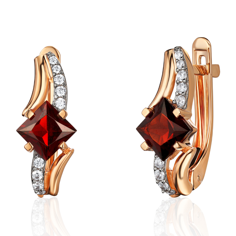 Серьги из красного золота 585 пробы с гранатом и фианитами 01С3116567Р-1