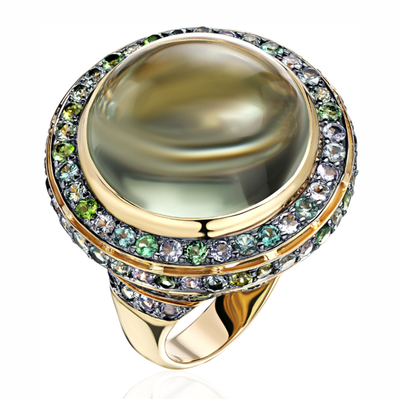 Кольцо из желтого золота 585 пробы с турмалином, танзанитами, сапфирами, празеолитом и бриллиантами 01К6313282-10