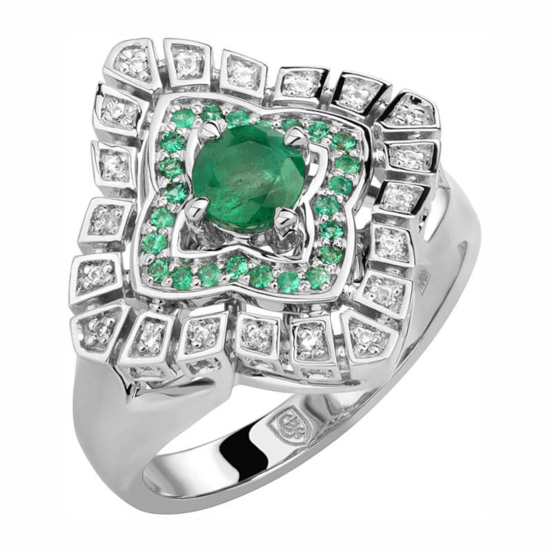 Кольцо из белого золота 585 пробы с изумрудом, бриллиантами и сапфирами 01К6214047-1