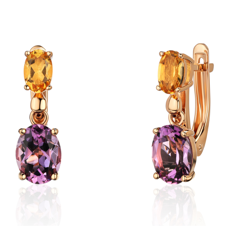 Серьги из красного золота 585 пробы с аметистами и цитринами 01С3115381-1