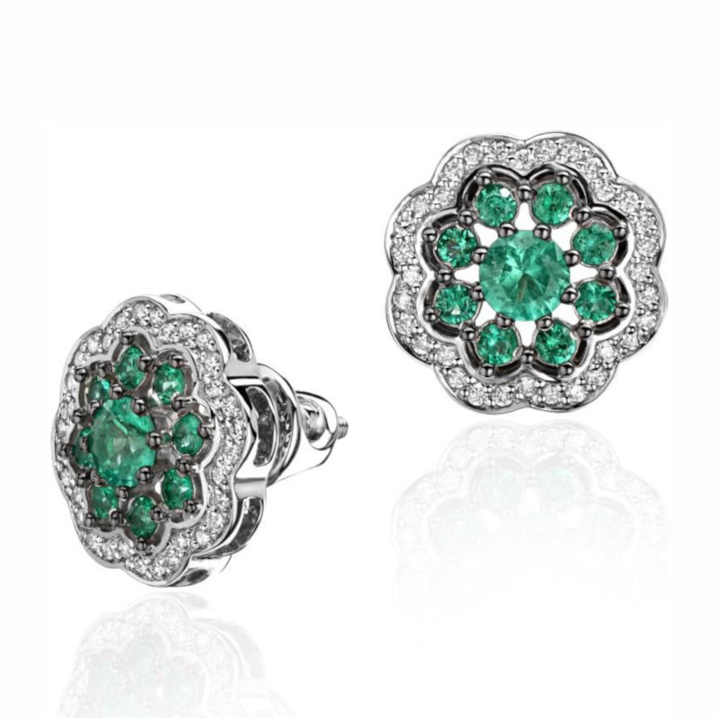 Серьги из белого золота 585 пробы с изумрудами и бриллиантами 01С6212570-2
