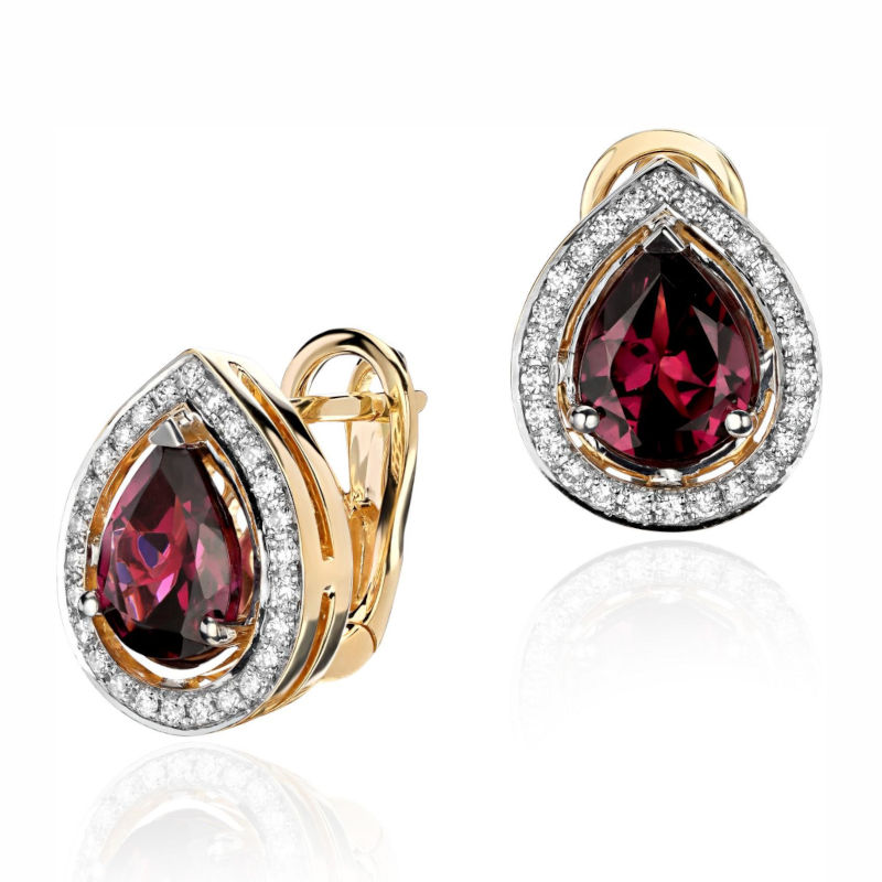 Серьги из комбинированного золота 750 пробы с родолитами и бриллиантами 01С6815090-2