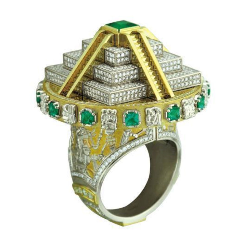 Кольцо из комбинированного золота 750 пробы с изумрудами и бриллиантами 01К686740L-1