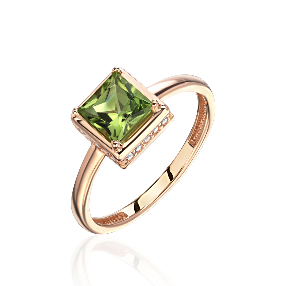 Кольцо из красного золота 585 пробы с хризолитом и фианитами 01К3115409-2