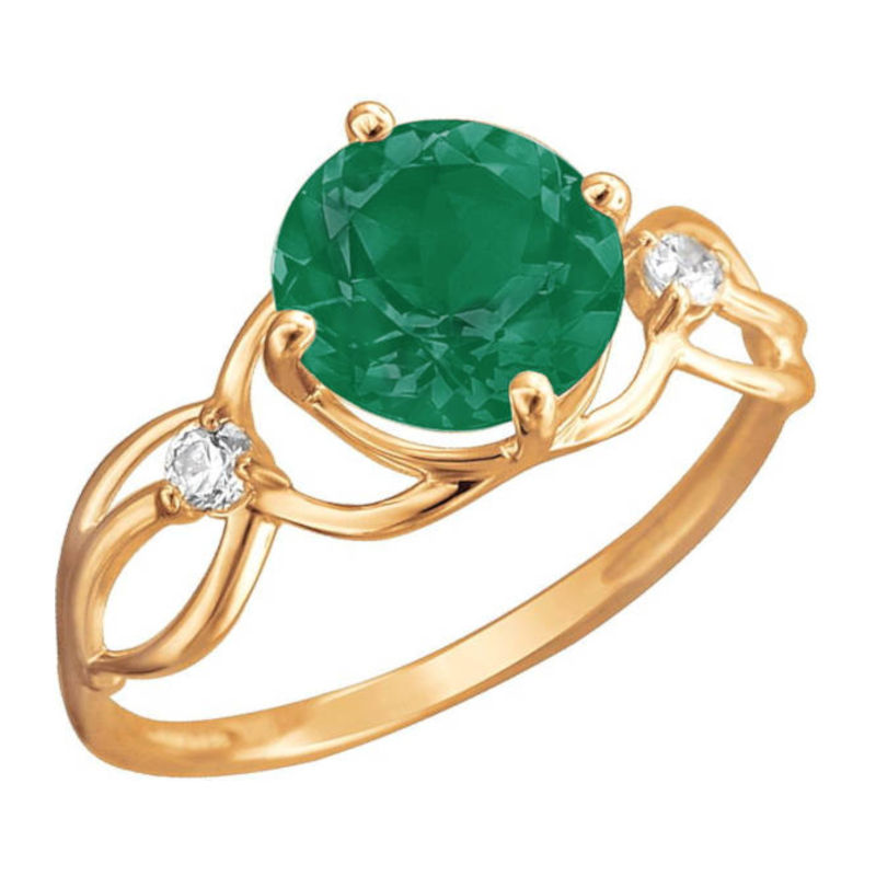 Кольцо из красного золота 585 пробы с зеленым агатом и фианитами 01К4112178-1