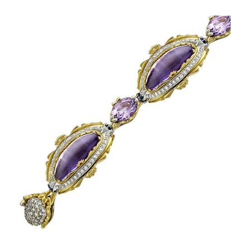 Браслет из комбинированного золота 750 пробы с сапфирами, аметистами, бриллиантами и эмалью 01Б681277Э-1 Браслет из комбинированного золота 750 пробы с сапфирами, аметистами, бриллиантами и эмалью 01Б681277Э-1