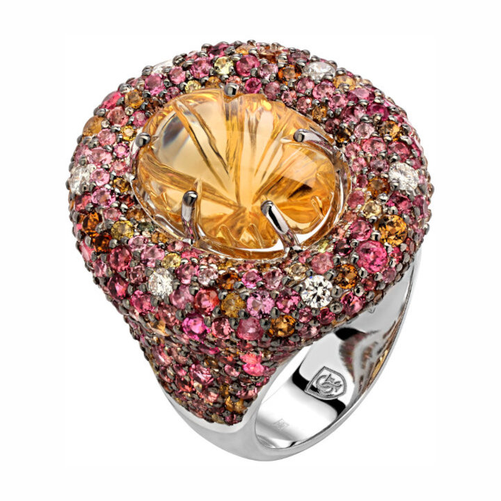 Кольцо из белого золота 585 пробы с цитрином, бриллиантами и турмалинами 01К6211800-10