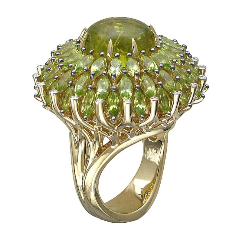 Кольцо из желтого золота 585 пробы с турмалином, хризолитами и бриллиантами 01К6311220-4 Кольцо из желтого золота 585 пробы с турмалином, хризолитами и бриллиантами 01К6311220-4