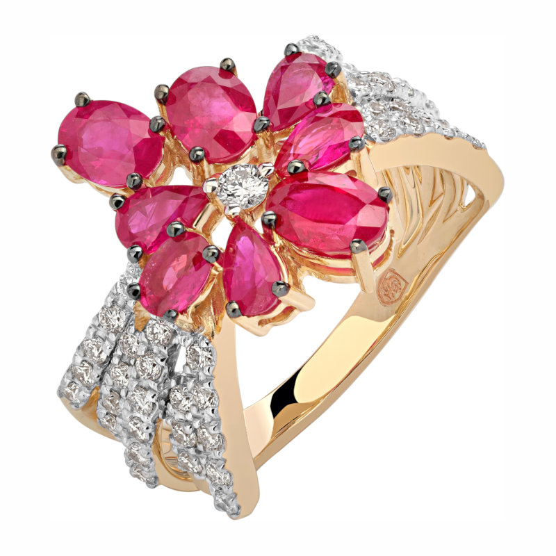 Кольцо из желтого золота 585 пробы с рубинами и бриллиантами 01К6313350-1