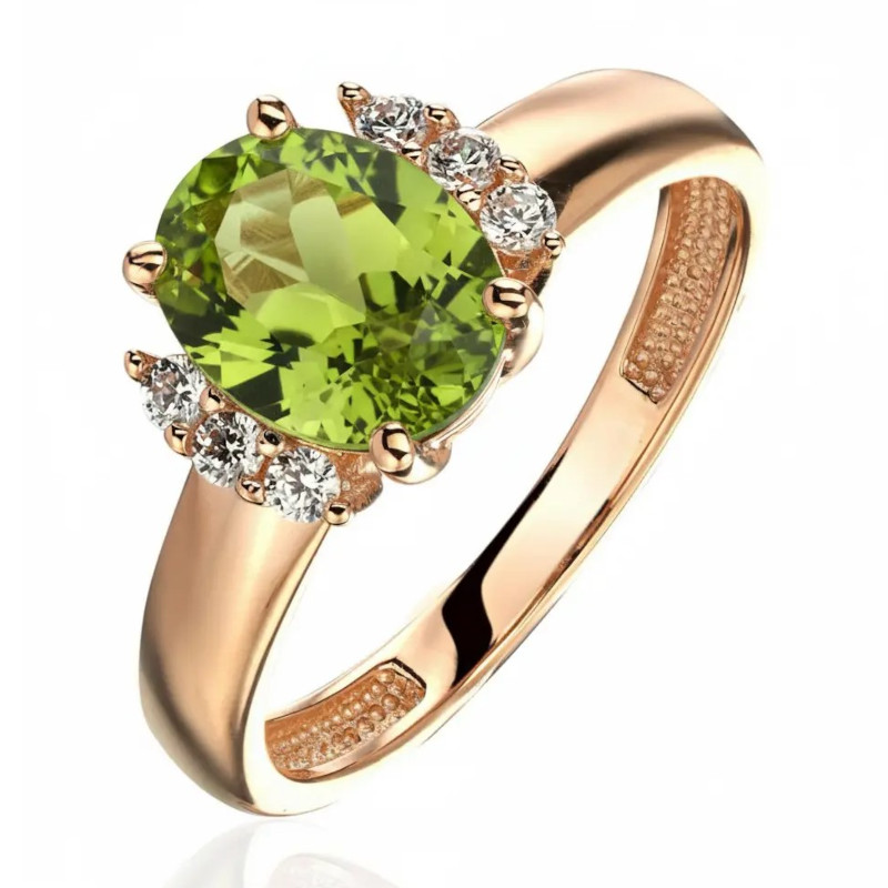 Кольцо из красного золота 585 пробы с хризолитом и фианитами 01К3116570-6