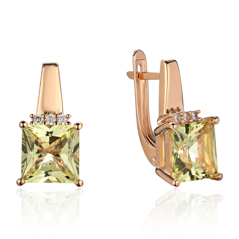 Серьги из красного золота 585 пробы с наноситал хризолитом и фианитами 01С2116572-1