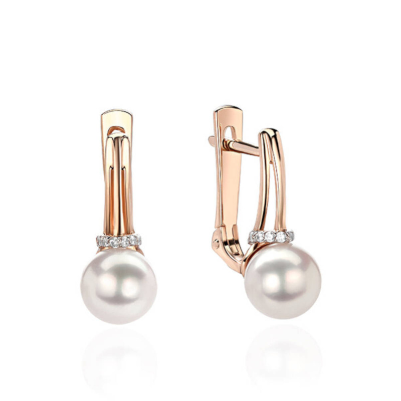Серьги из красного золота 585 пробы с жемчугом и фианитами 01С3111856-1