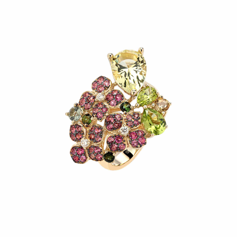 Кольцо из желтого золота 585 пробы с хризолитами, турмалинами, кварцем и бриллиантами 01К6313501-2