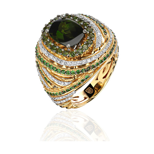 Кольцо из желтого золота 750 пробы с бриллиантами, тсаворитами и турмалинами 01К648331-3
