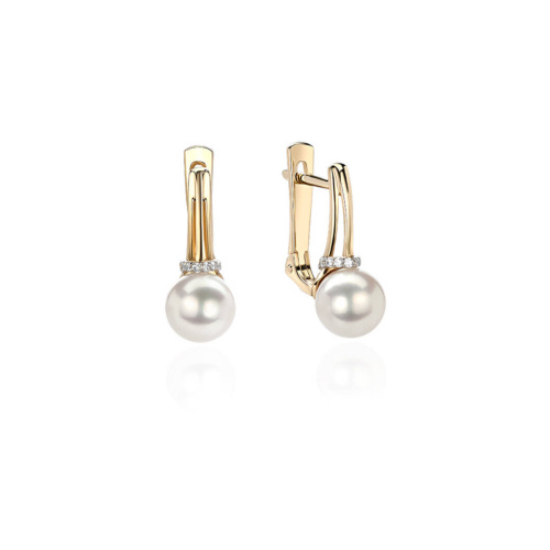 Серьги из желтого золота 585 пробы с жемчугом и фианитами 01С3312956-1