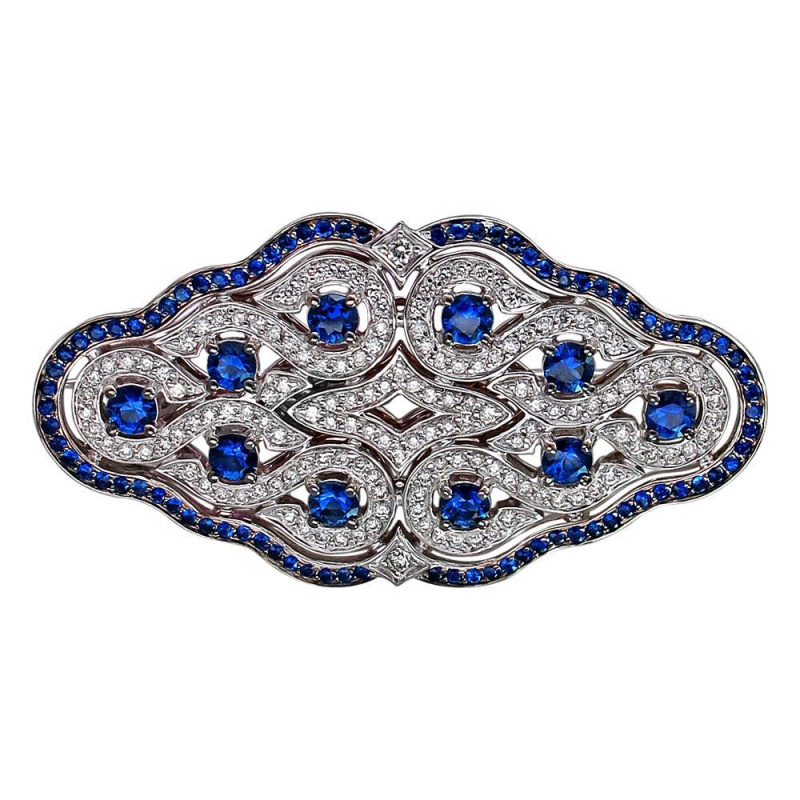 Брошь из белого золота 750 пробы с бриллиантами и сапфирами 01Ш670232-1