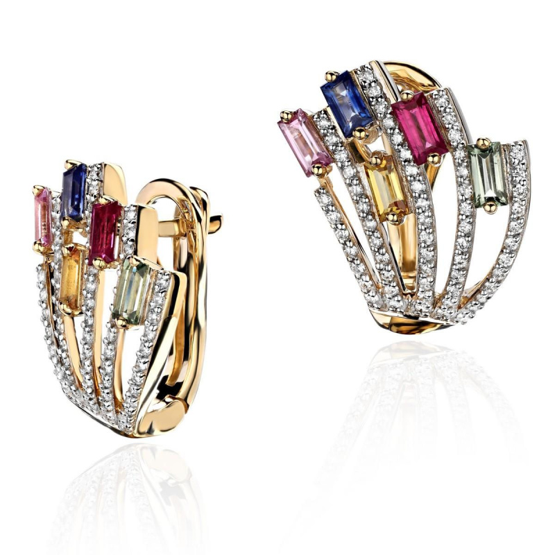 Серьги из желтого золота 585 пробы с бриллиантами, рубинами и сапфирами 01С6315203-1