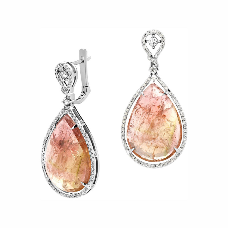 Серьги из белого золота 585 пробы с турмалинами и бриллиантами 01С626679-1 Серьги из белого золота 585 пробы с турмалинами и бриллиантами 01С626679-1