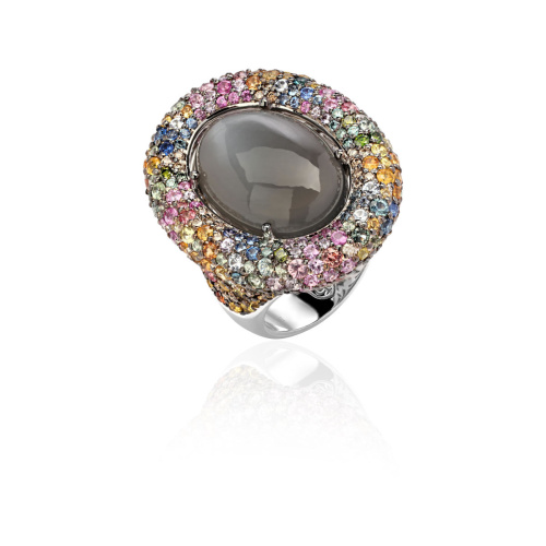 Кольцо из белого золота 585 пробы с лунным камнем, сапфирами и бриллиантами 01К6212900-11