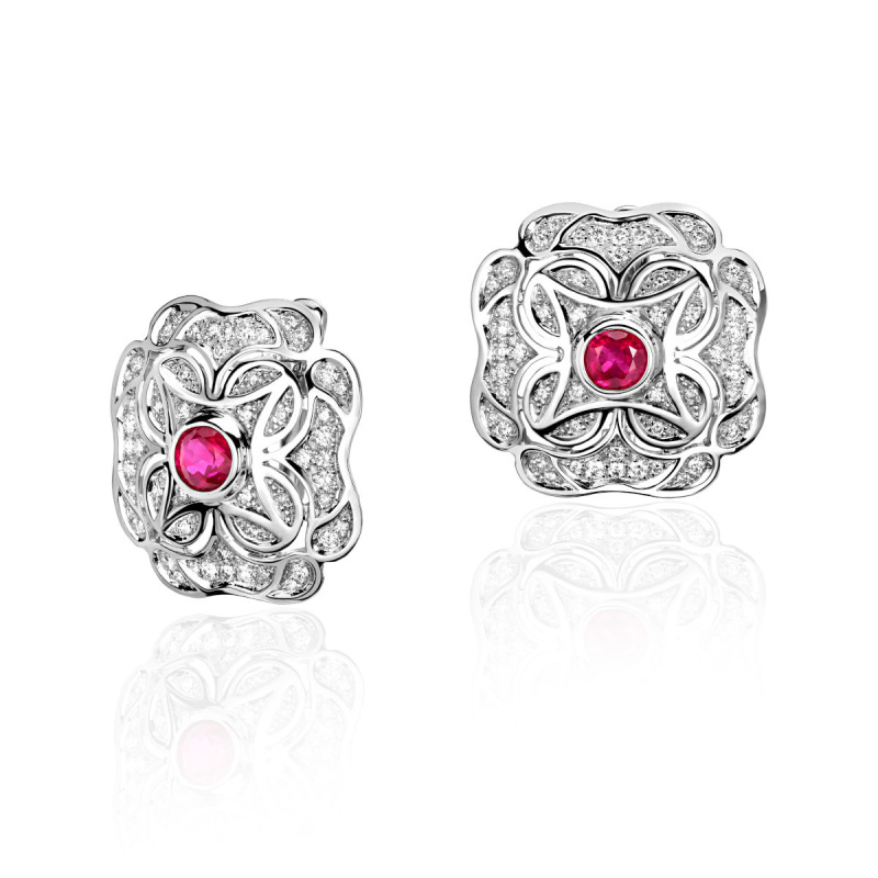 Серьги из белого золота 585 пробы с бриллиантами и рубинами 01С6212105-1
