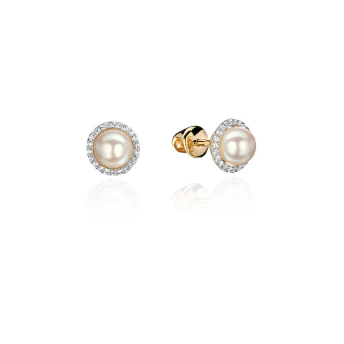 Серьги из желтого золота 585 пробы с жемчугом и фианитами 01С3311541-1