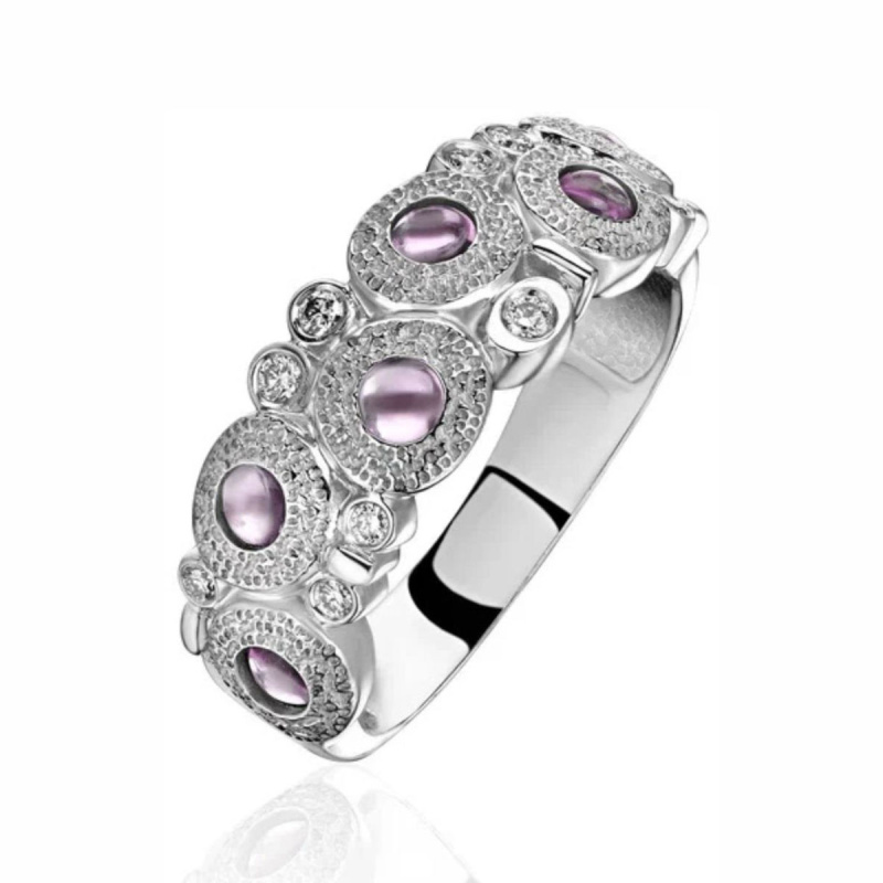 Кольцо из белого золота 585 пробы с бриллиантами и аметистами 01К6215206-4
