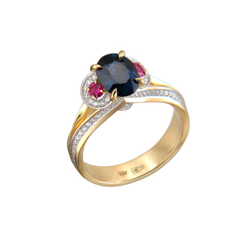 Кольцо из желтого золота 750 пробы с сапфиром, рубинами и бриллиантами 01К6412469-1
