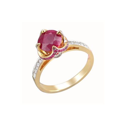 Кольцо из желтого золота 750 пробы с рубинами и бриллиантами 01К6461086-1