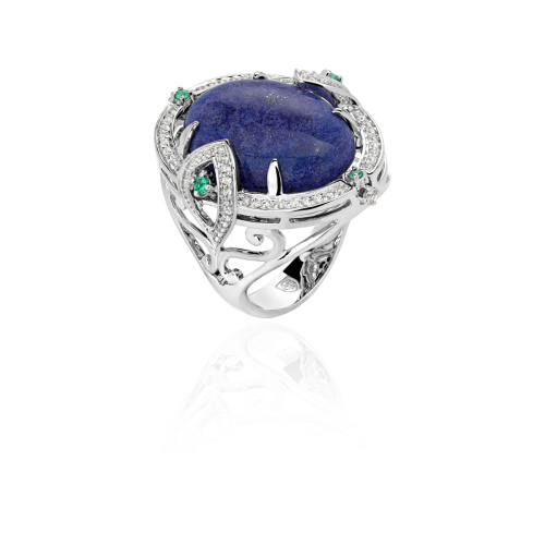 Кольцо из белого золота 585 пробы с лазуритом, топазами и изумрудами 01К5214113-1