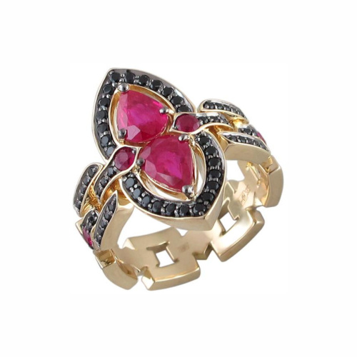 Кольцо из желтого золота 585 пробы с рубинами и шпинелью 01К5312706-2