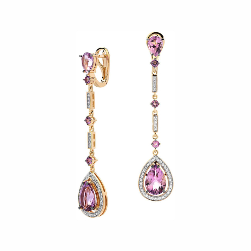 Серьги из желтого золота 585 пробы с сапфирами и аметистами 01С5312155-1