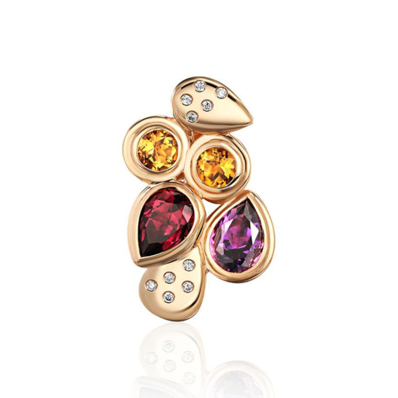 Подвеска из красного золота 585 пробы с родолитом, цитринами, аметистом и бриллиантами 01П6116545-1