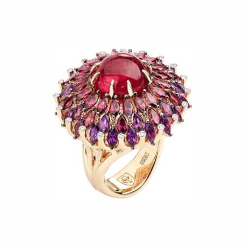 Кольцо из желтого золота 585 пробы с турмалинами, родолитами, гранатами и бриллиантами 01К6312320-1