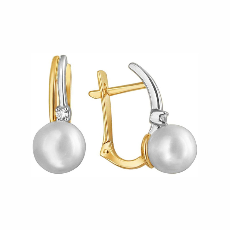Серьги из желтого золота 585 пробы с фианитами и жемчугом 01С3311860-1
