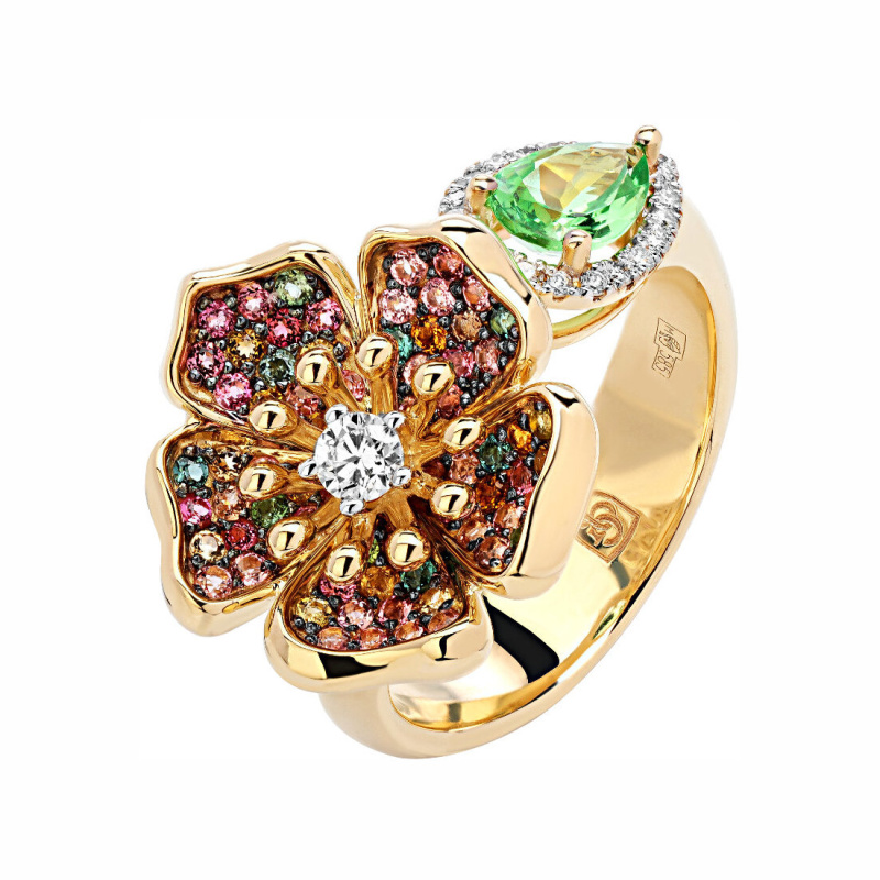 Кольцо из желтого золота 585 пробы с турмалинами, тсаворитом и бриллиантами 01К6313475-3