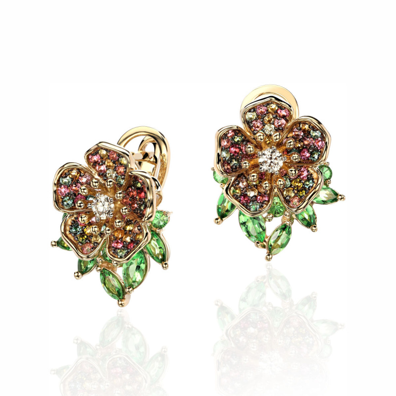 Серьги из желтого золота 585 пробы с тсаворитами, турмалинами и бриллиантами 01С6314574-4