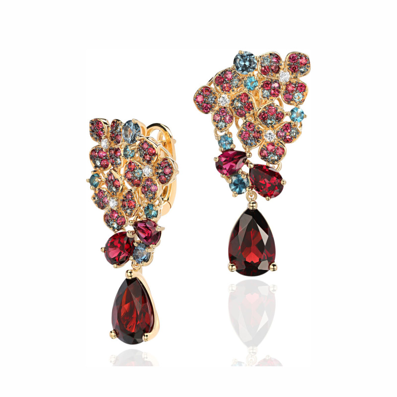 Серьги из желтого золота 585 пробы с топазами, шпинелью, сапфирами, гранатами, родолитами и бриллиантами 01С6314601-4
