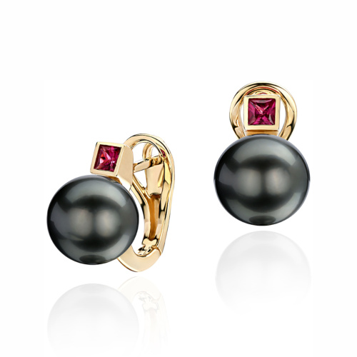 Серьги из желтого золота 585 пробы с рубинами и жемчугом 01С5313463-2