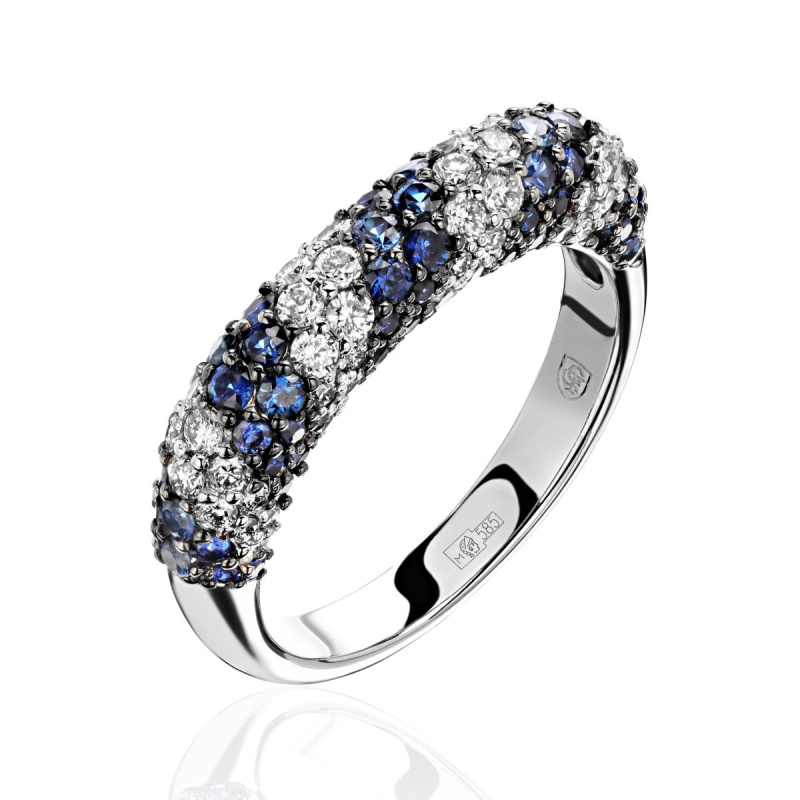 Кольцо из белого золота 585 пробы с сапфирами и бриллиантами 01К6214727-2