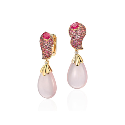 Серьги из желтого золота 585 пробы с турмалинами, рубинами, кварцем и бриллиантами 01С6314475-1