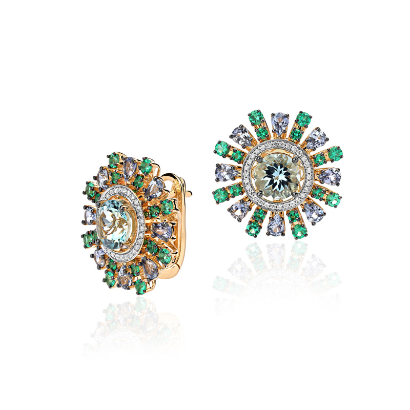 Серьги из желтого золота 585 пробы с сапфирами, аквамаринами, изумрудами и бриллиантами 01С6312691-2