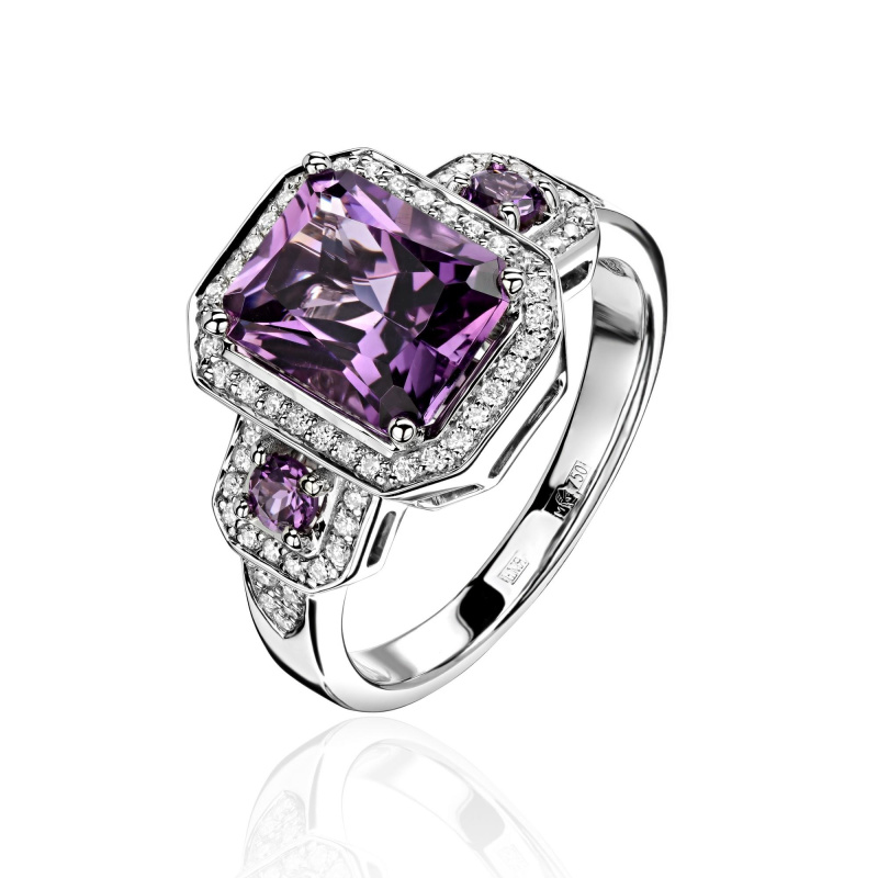 Кольцо из белого золота 750 пробы с аметистами и бриллиантами 01К6713985-3