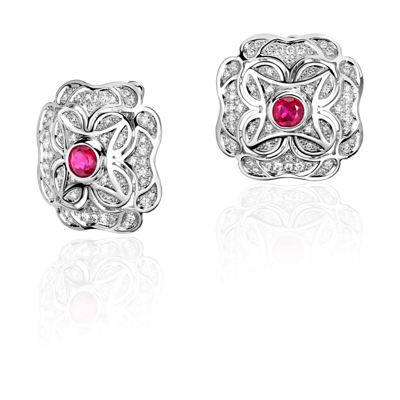 Серьги из белого золота 585 пробы с бриллиантами и рубинами 01С6212105-1