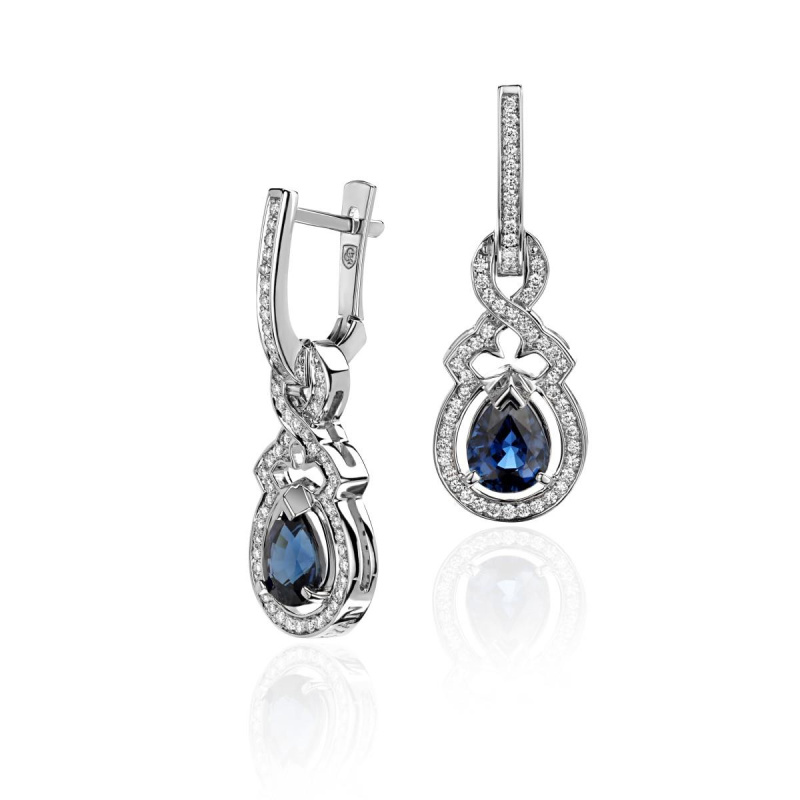 Серьги из белого золота 750 пробы с сапфирами и бриллиантами 01С678457-1