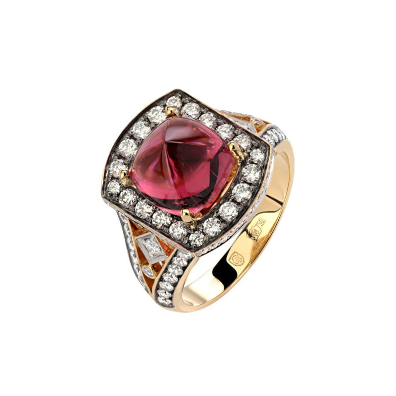 Кольцо из желтого золота 750 пробы с рубеллитом и бриллиантами 01К6413373-2