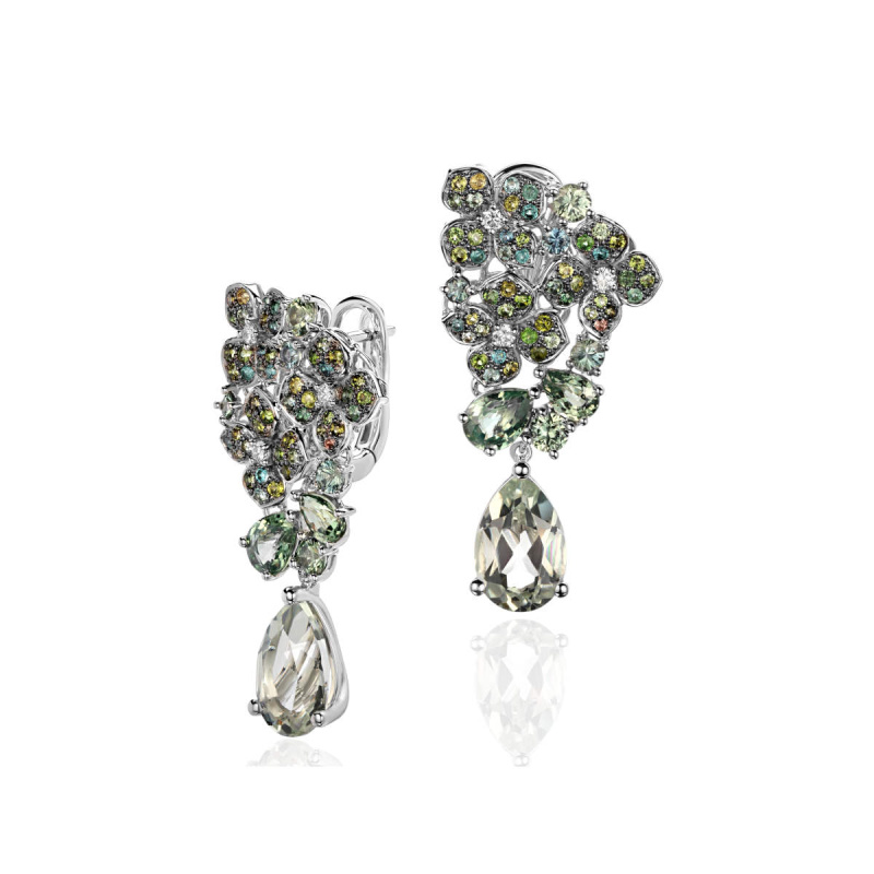 Серьги из белого золота 585 пробы с бриллиантами, сапфирами, празиолитами и турмалинами 01С6214601-3
