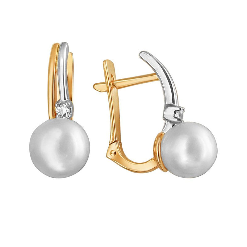 Серьги из красного золота 585 пробы с жемчугом и фианитами 01С3111860-1