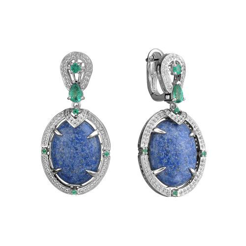 Серьги из белого золота 585 пробы с топазами, лазуритами и изумрудами 01С5214114-1