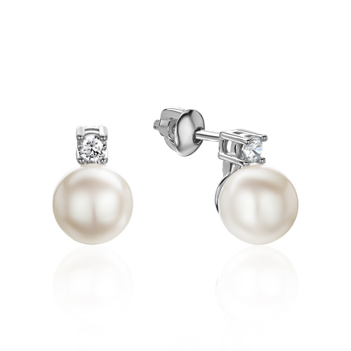 Серьги из белого золота 585 пробы с фианитом и жемчугом 01С3213112-1