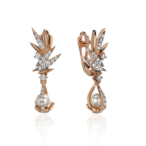 Серьги из красного золота 585 пробы с фианитами и жемчугом 01С3114390Р-1 Серьги из красного золота 585 пробы с фианитами и жемчугом 01С3114390Р-1